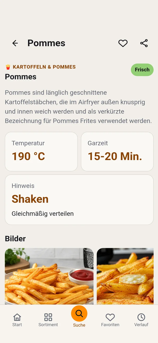 Garzeit und Temperatur fuer Pommes in der AirfryerGuide App