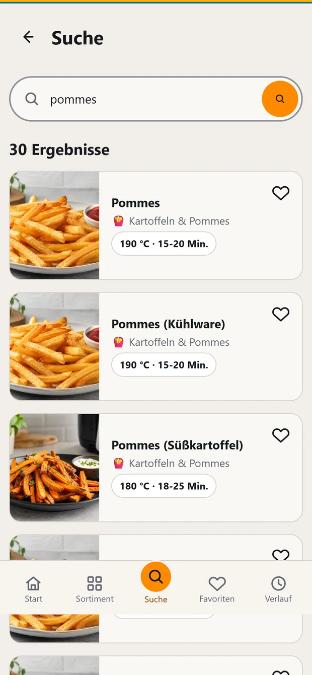 Suche nach Pommes in der AirfryerGuide App